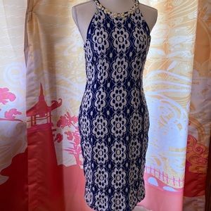 NINE WEST HALTER TOP MIDI DRESS CROCHET LACE WHITE AND BLUE SIZE 10 BLUE LINER